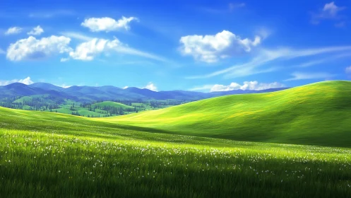 Emerald hills breathe under a brilliant ribbon of summer sky