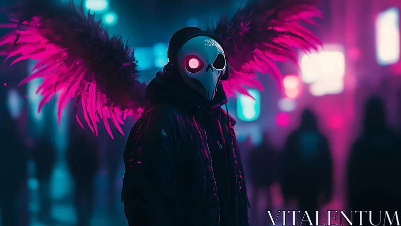 Neon-plumed cyber crow angel in nocturnal street haze.