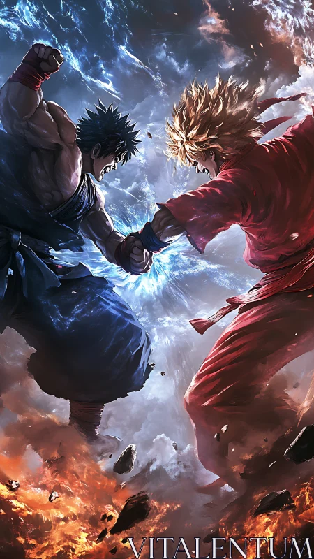 Dueling elemental warriors collide in a sky shattering clash.