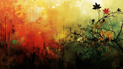 Layered floral silhouettes intersect with abstract color fields