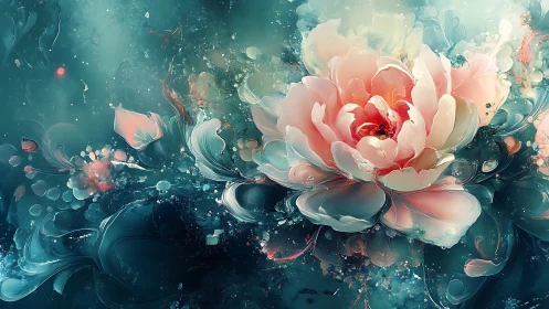 Digital Bloom Merging Pink Peony Against Teal Abstraction.