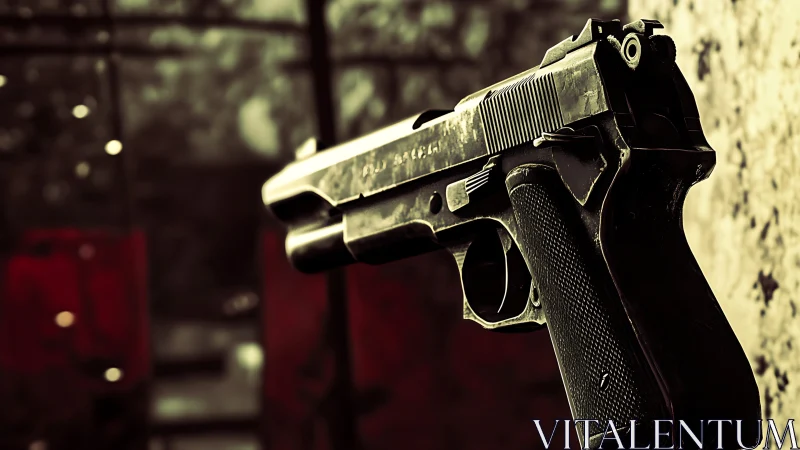 Cinematic close-up of handgun in dramatic shallow focus.