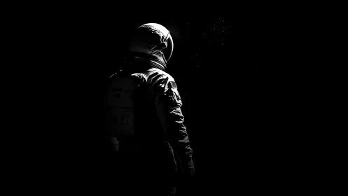 Solitary astronaut silhouette in deep cosmic darkness.