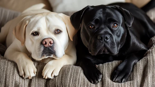 Two affectionate dogs rest together on a cozy textured sofa