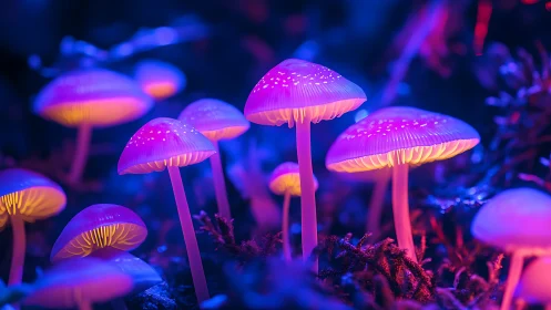 Glowing neon mushrooms in vivid blue and magenta forest