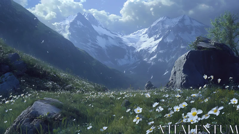 Snow-capped alpine range above sunlit wildflower meadow.