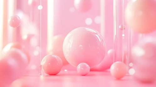 Pink glossy spheres sit in soft focus abstract 3D scene