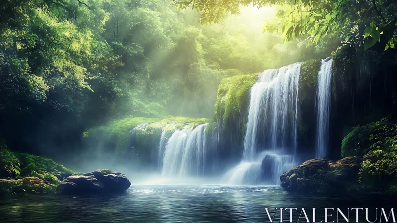 Lush rainforest cascade with misty pool and radiant backlight.