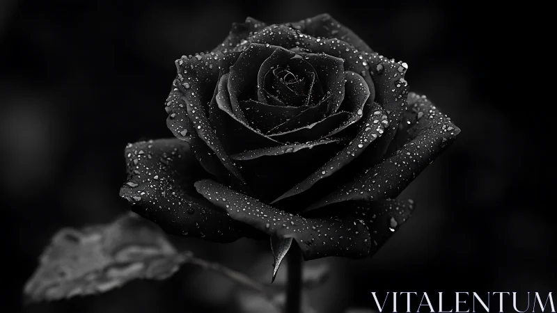 Single black rose with water droplets in deep contrast