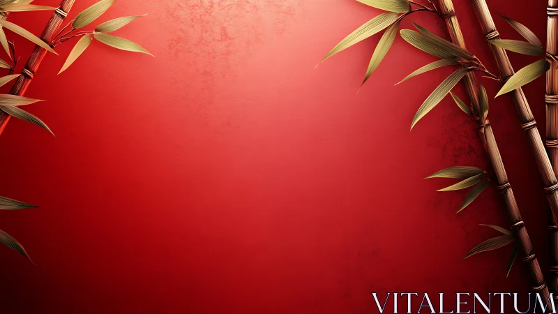 Golden bamboo stalks against deep textured red wall