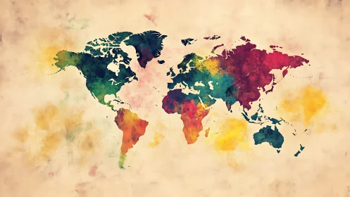 Multicolor watercolor world map with soft geographic abstraction