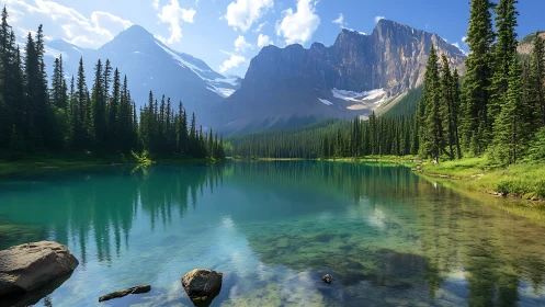 Turquoise alpine lake mirrors soaring pine forests and peaks