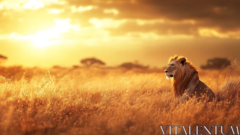 Sun-drenched savanna crowns a lone lion in molten gold