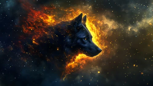 Canine nebula silhouette merges astrophysical fire and fur detail