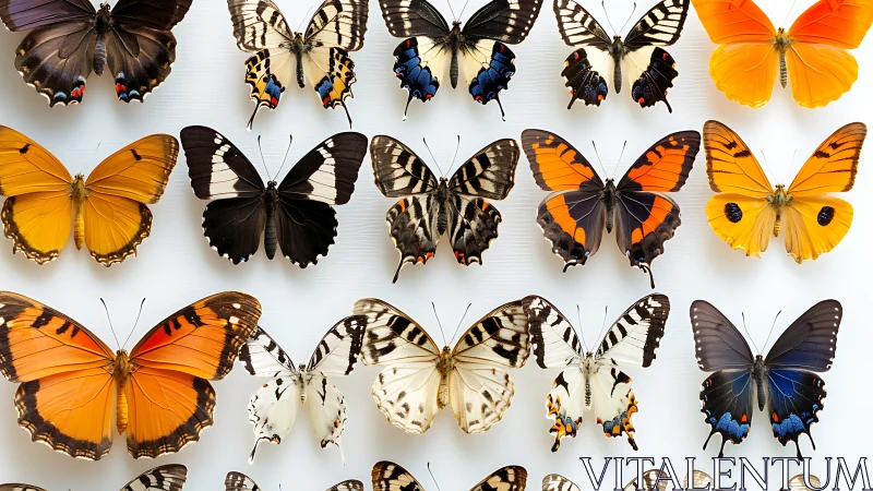Pinned butterfly specimens arranged in ordered rows on white.