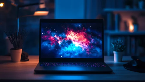Laptop workspace with vivid cosmic nebula display at night.
