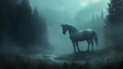 Moonlit marsh unicorn pauses in ghost-blue forest hush.