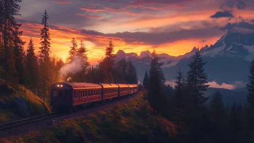 Red mountain train crossing forested slope at sunset.