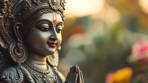 Close-up of ornate Hindu deity statue in soft daylight.