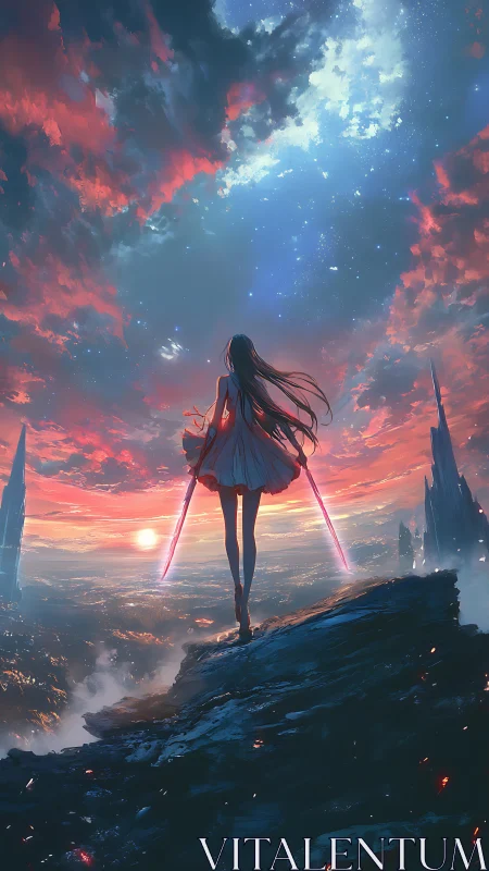 Celestial warrior girl on cliff at sunset with twin energy blades