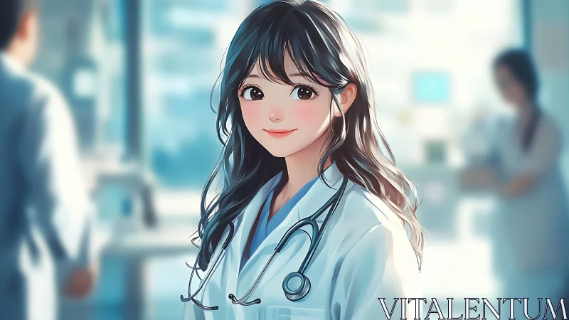 Young female doctor stands in bright hospital corridor