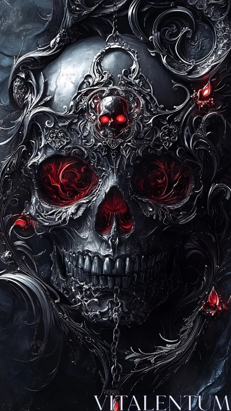 Baroque metallic skull with red luminous cores and filigree inlays