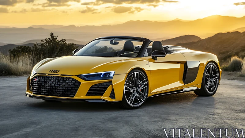 Yellow convertible sports car is parked on a mountain road
