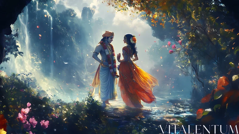 Two figures stand in glowing forest stream under filtered light