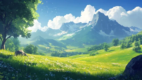 Sunlit alpine valley extends toward jagged snow-capped peaks