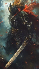 Ember-crowned knight resting in storm-lit twilight hush.