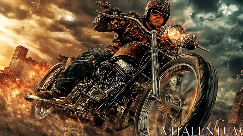 Motorcyclist powers through flaming urban stormscape.