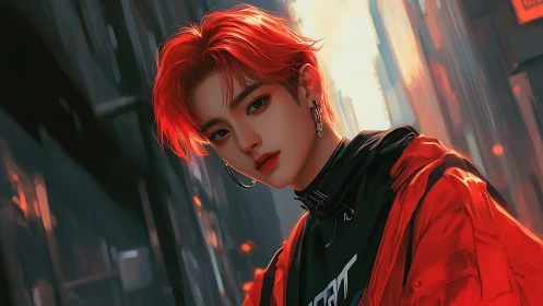 Neon ember stray with scarlet hair in dusk-lit alleys.