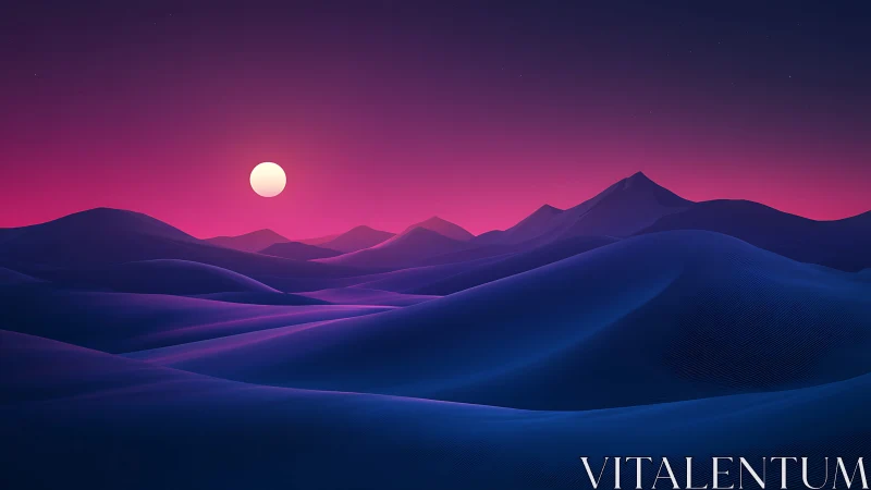 Neon moonrise drifting over electric indigo desert dunes.