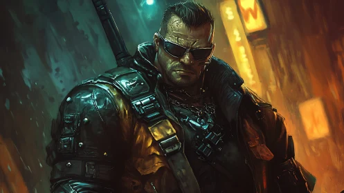 Cybernetic enforcer in neon-soaked alleyway vigil stance.