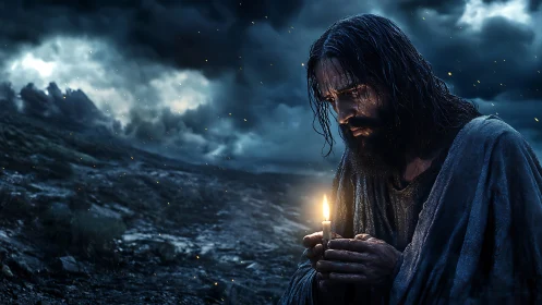 Storm-worn wanderer cradling a lone candle of hope.