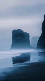 Coastal rock formations in mist and tide.