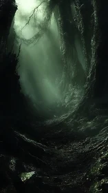 Subterranean Canyon with Luminescent Moss Growth and Ethereal Atmospheric Haze.
