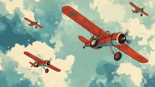 Four vintage red biplanes flying in formation above clouds.