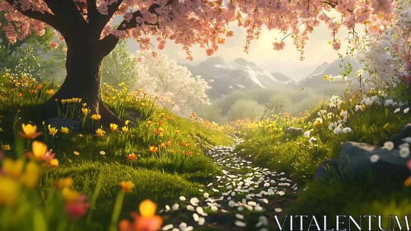 Spring meadow path under volumetric light and cherry blossoms