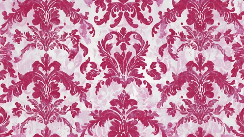 Damask wallpaper pattern with distressed magenta flourishes.