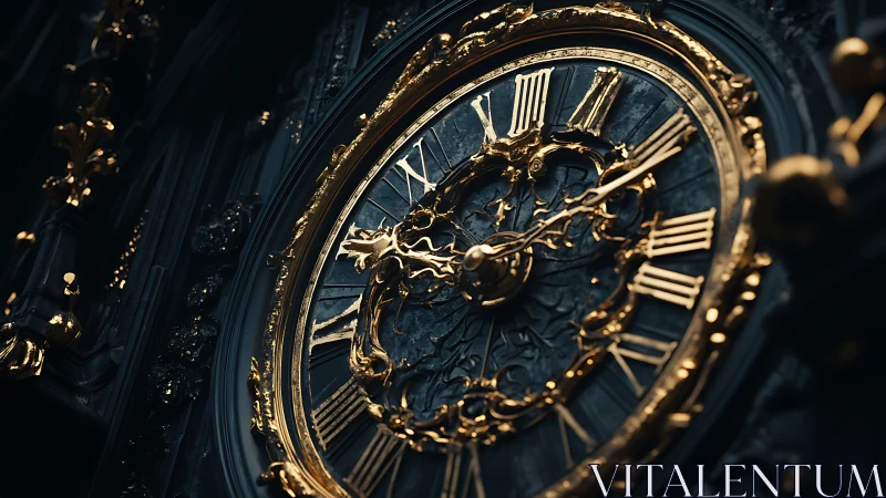 Ornate gilded clock face with Roman numerals in close view.