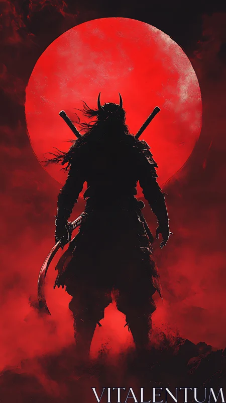 Backlit demonic samurai silhouette before oversized red moon.