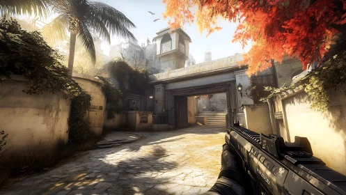 Sunlit courtyard path with autumn leaves and quiet tension.