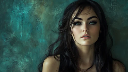 Digital portrait of woman against textured teal backdrop.