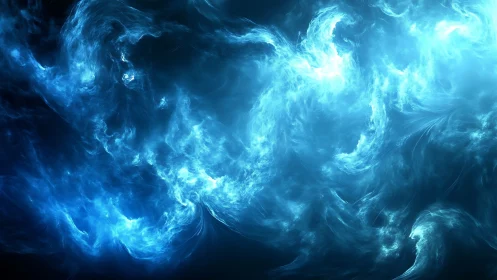 Turbulent cyan nebula field with volumetric light scattering.