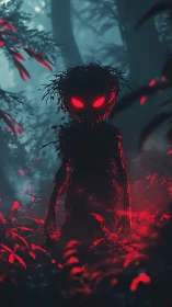 Demonic forest wraith with glowing red eyes stands in mist.