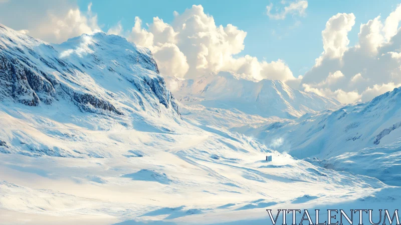 Sunlit alpine snow basin with distant solitary tower.