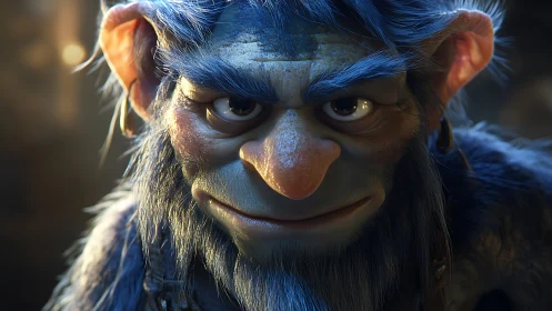 Parametric close-up of blue-furred troll under rim lighting.