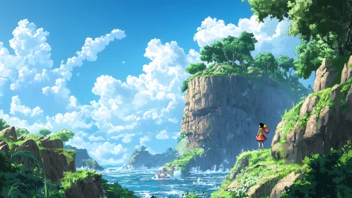 Anime Girl Standing on Rocky Cliff Overlooking Tropical Bay