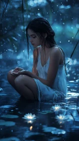 Quiet moonlit girl resting among glowing water lilies.